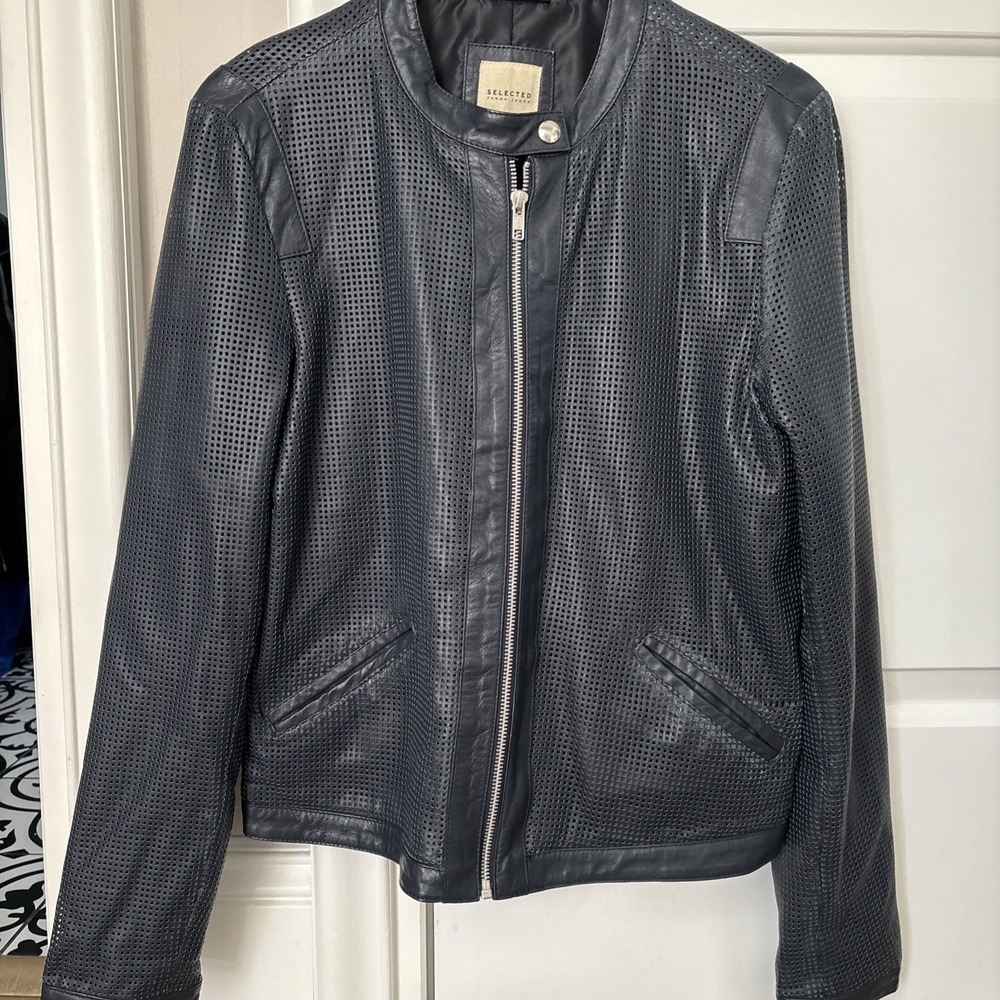 Selected Femme 100% Lamb Leather Jacket Size 40 US 8 Blue Jacket Prod Yr 2014